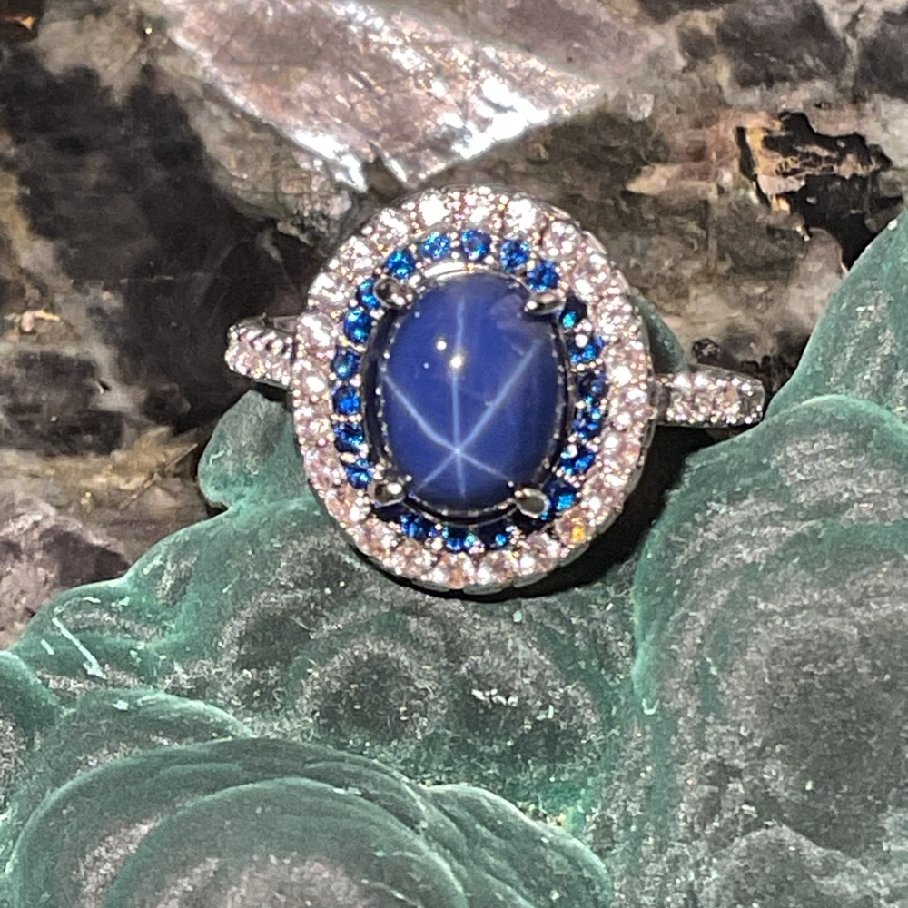 Sterling Silver Blue Star Sapphire Halo Ring